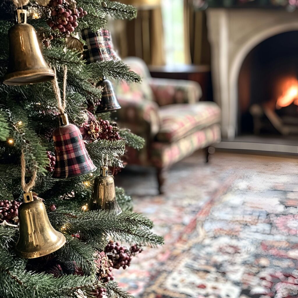 11. Nostalgic Brass Bell Tree with Plaid Ornaments and Brass Bells