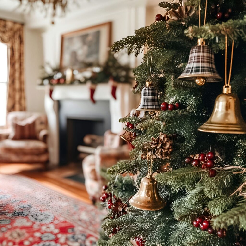 11. Nostalgic Brass Bell Tree with Plaid Ornaments and Brass Bells