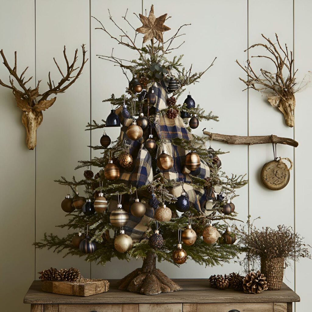 11. Nostalgic Brass Bell Tree with Plaid Ornaments and Brass Bells