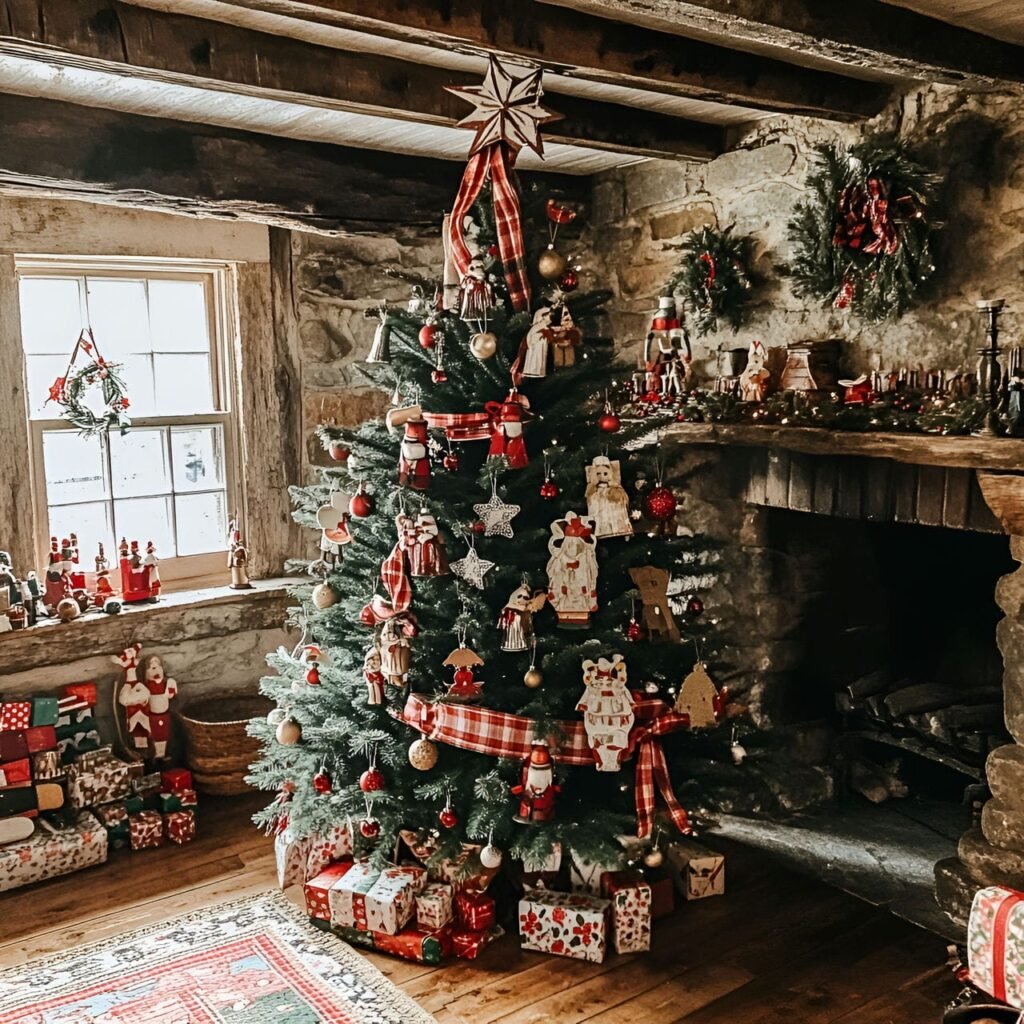 04. Nostalgic Tin Ornament Tree with Plaid Ribbons & Nutcrackers