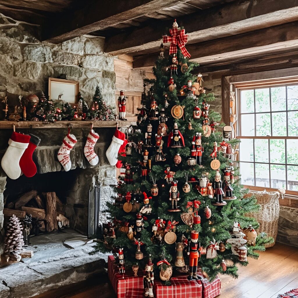 04. Nostalgic Tin Ornament Tree with Plaid Ribbons & Nutcrackers