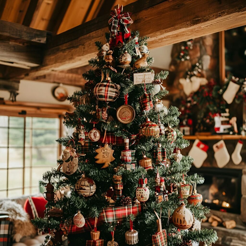 04. Nostalgic Tin Ornament Tree with Plaid Ribbons & Nutcrackers