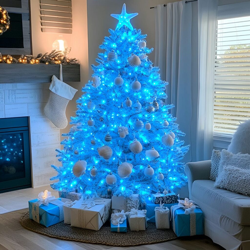 08. Ocean-Inspired Blue LED Christmas Tree with Coastal Seashells