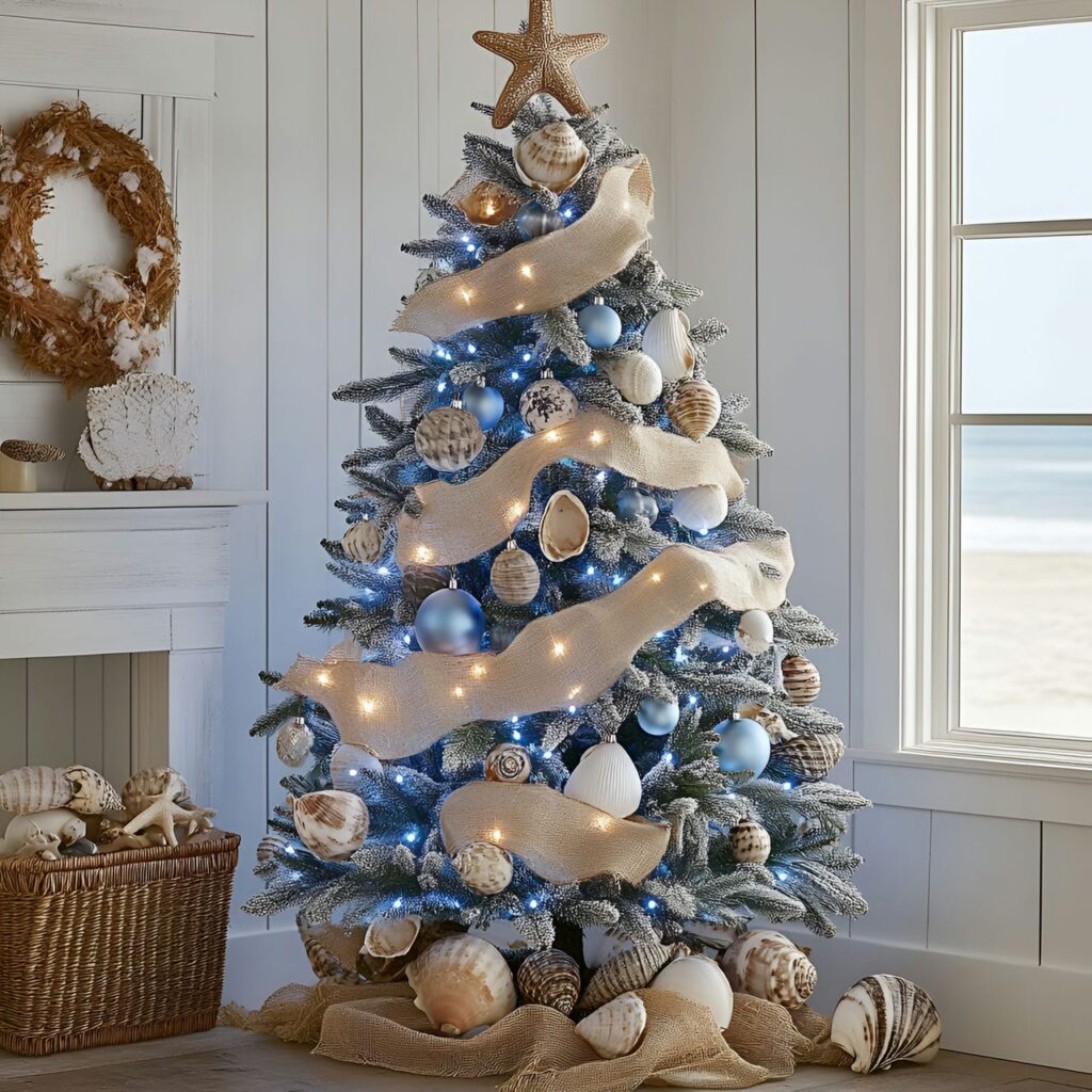 08. Ocean-Inspired Blue LED Christmas Tree with Coastal Seashells