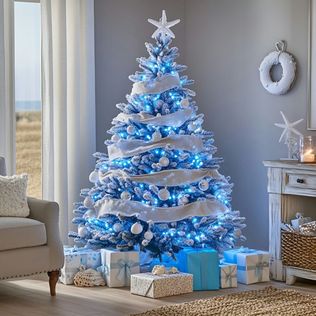 08. Ocean-Inspired Blue LED Christmas Tree with Coastal Seashells