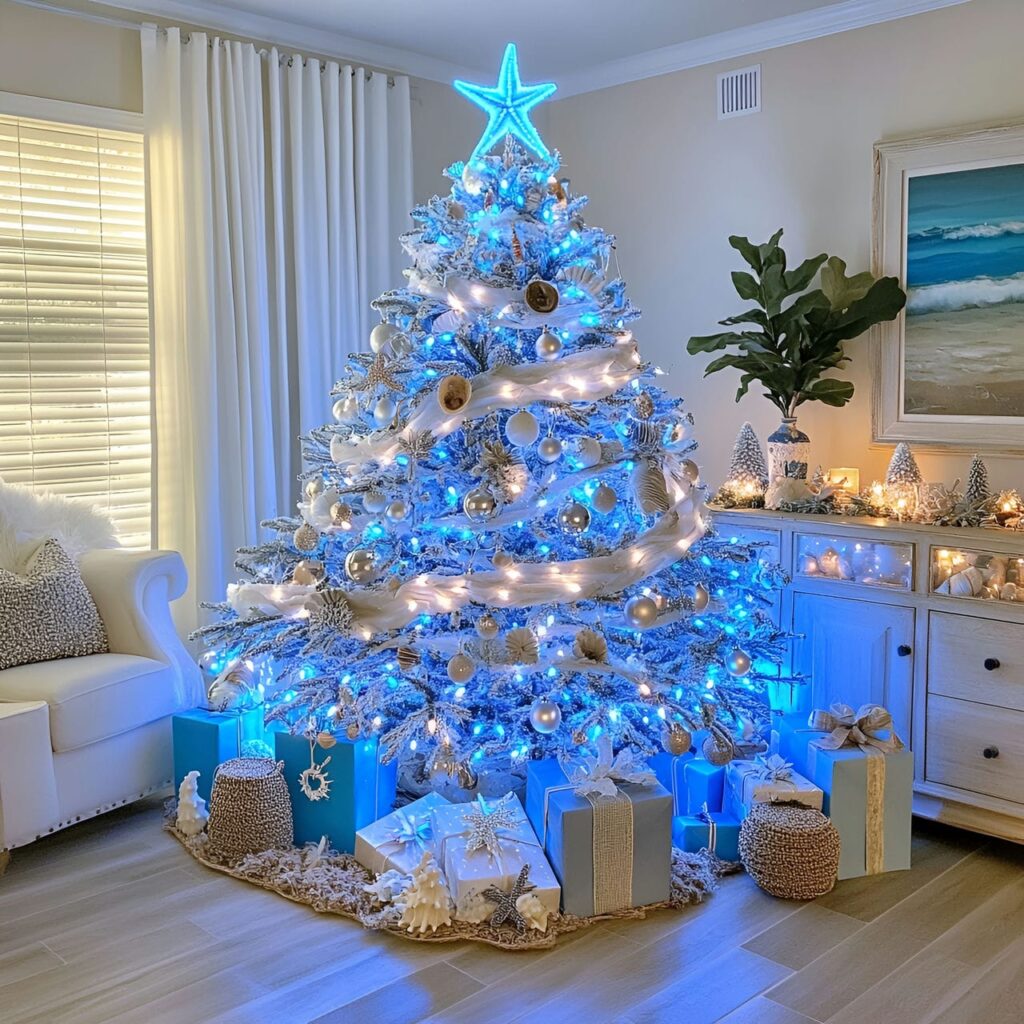 08. Ocean-Inspired Blue LED Christmas Tree with Coastal Seashells