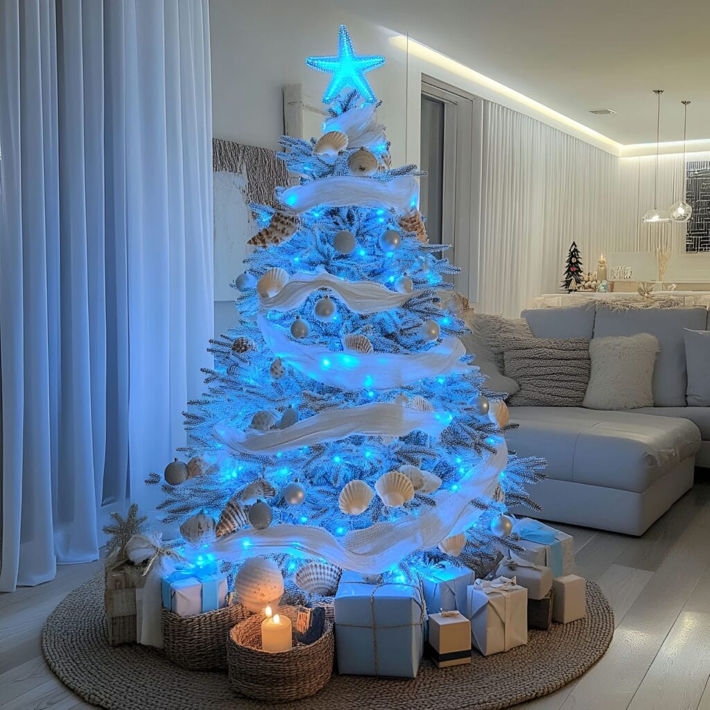 08. Ocean-Inspired Blue LED Christmas Tree with Coastal Seashells