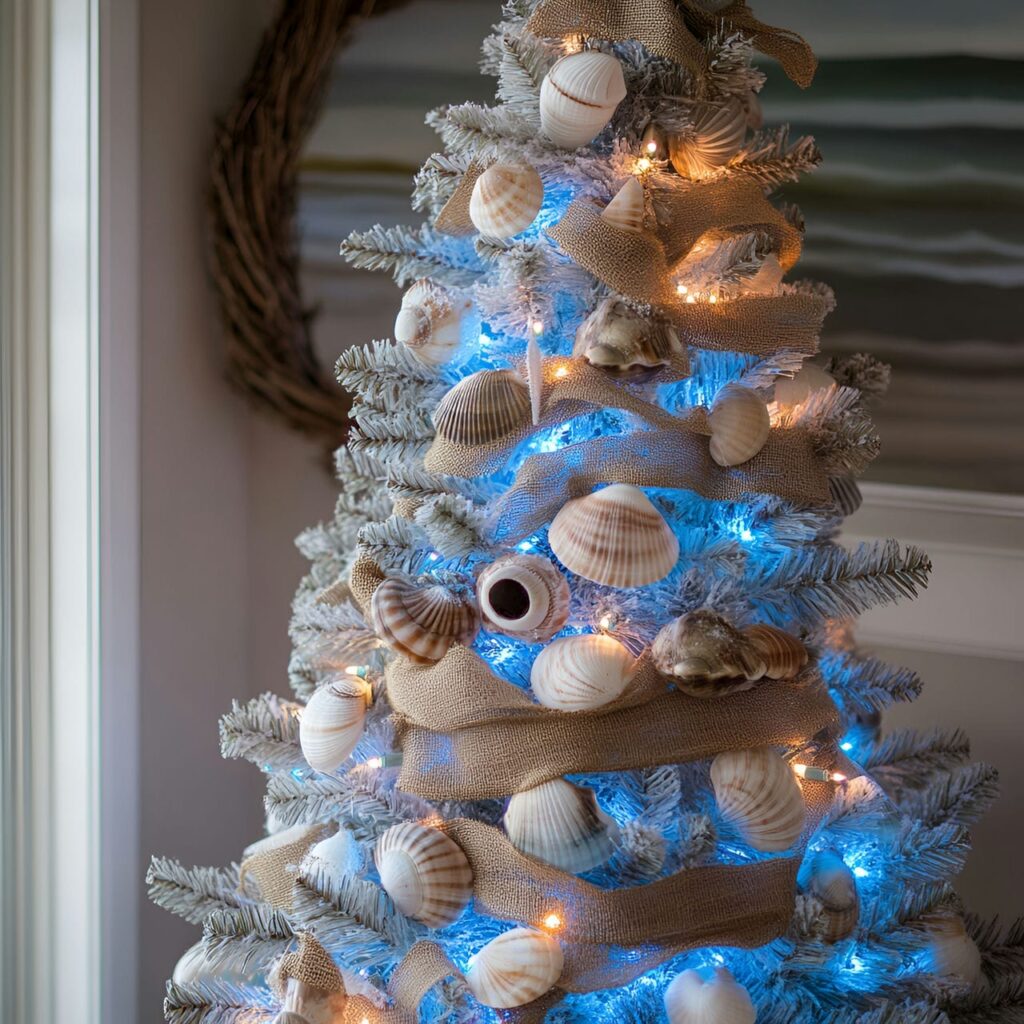 08. Ocean-Inspired Blue LED Christmas Tree with Coastal Seashells