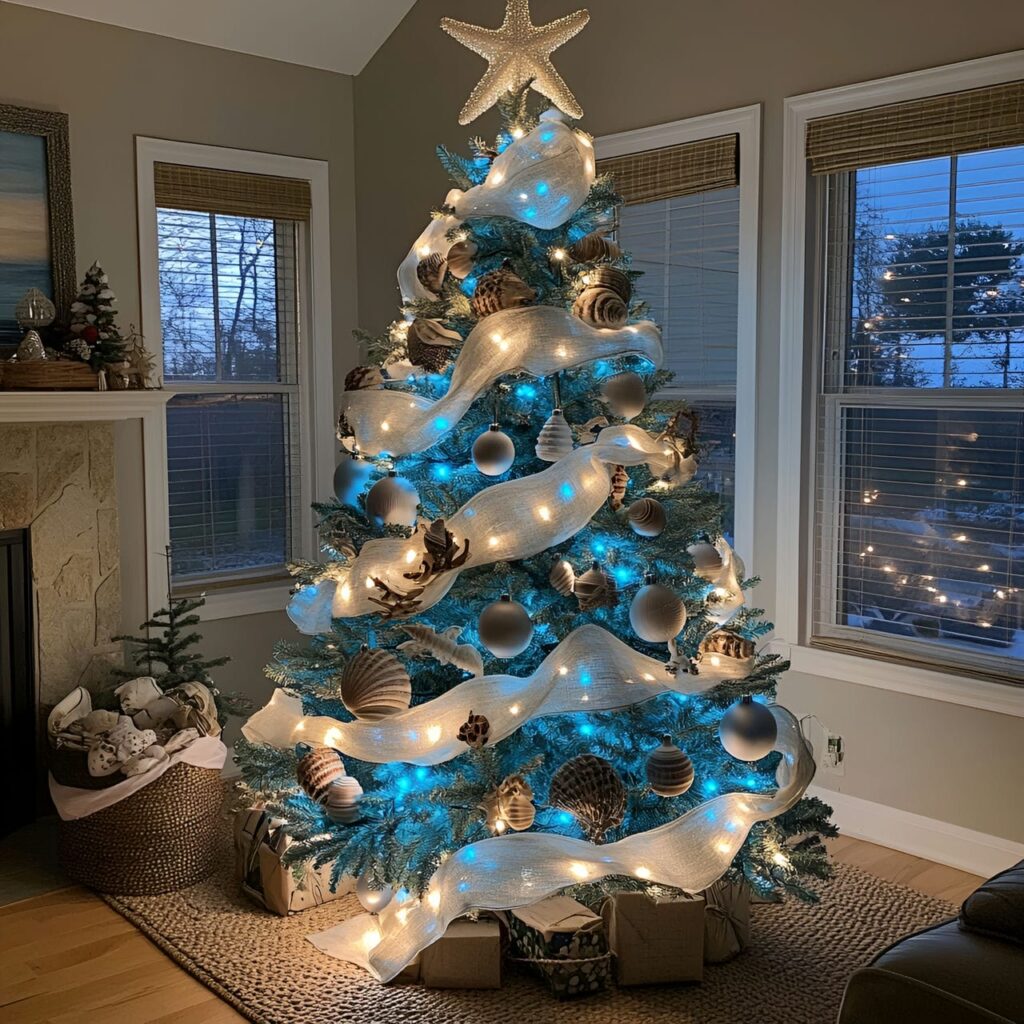 08. Ocean-Inspired Blue LED Christmas Tree with Coastal Seashells