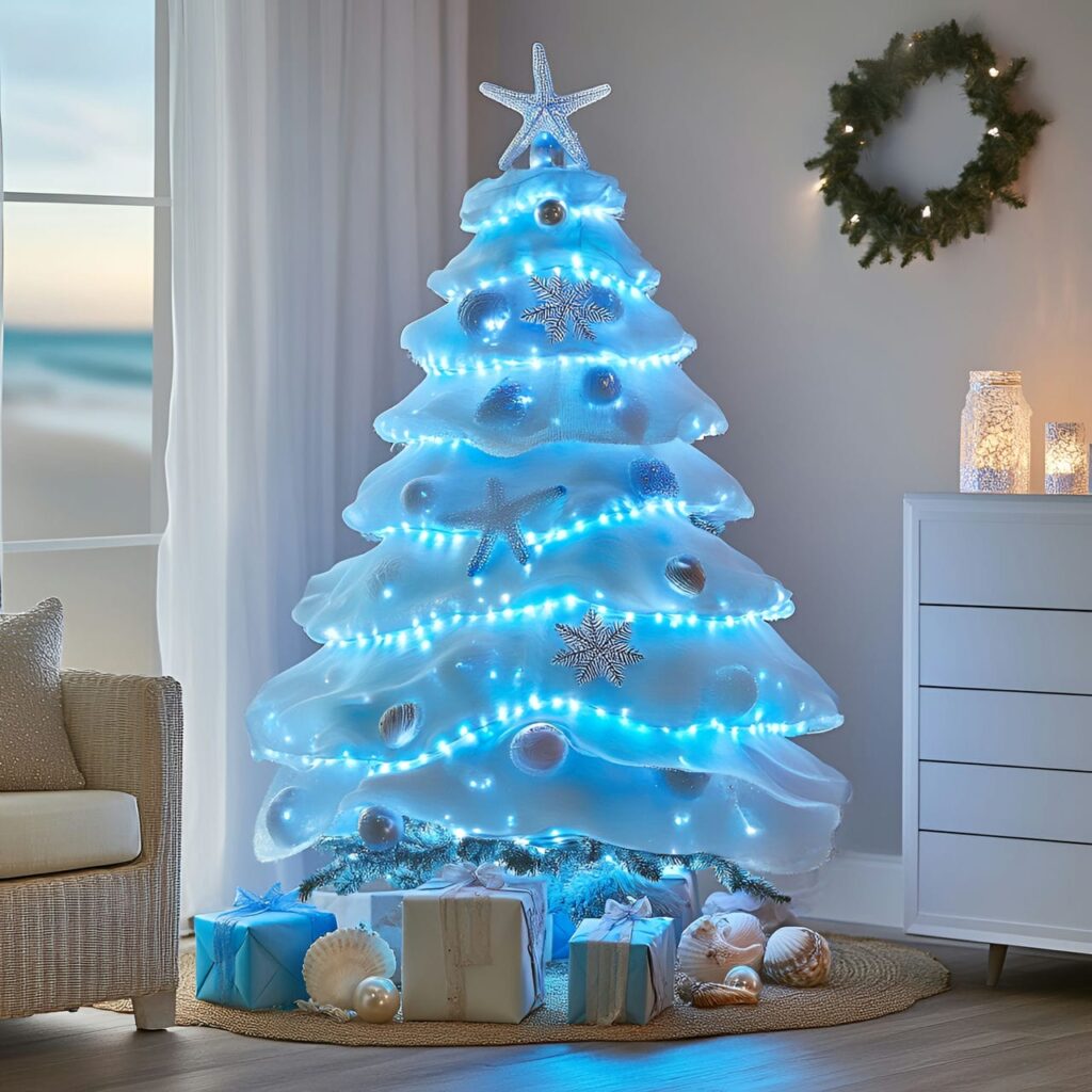 08. Ocean-Inspired Blue LED Christmas Tree with Coastal Seashells