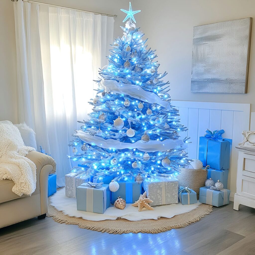 08. Ocean-Inspired Blue LED Christmas Tree with Coastal Seashells