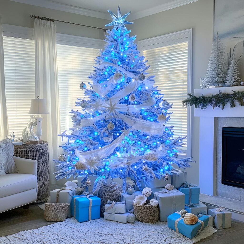 08. Ocean-Inspired Blue LED Christmas Tree with Coastal Seashells