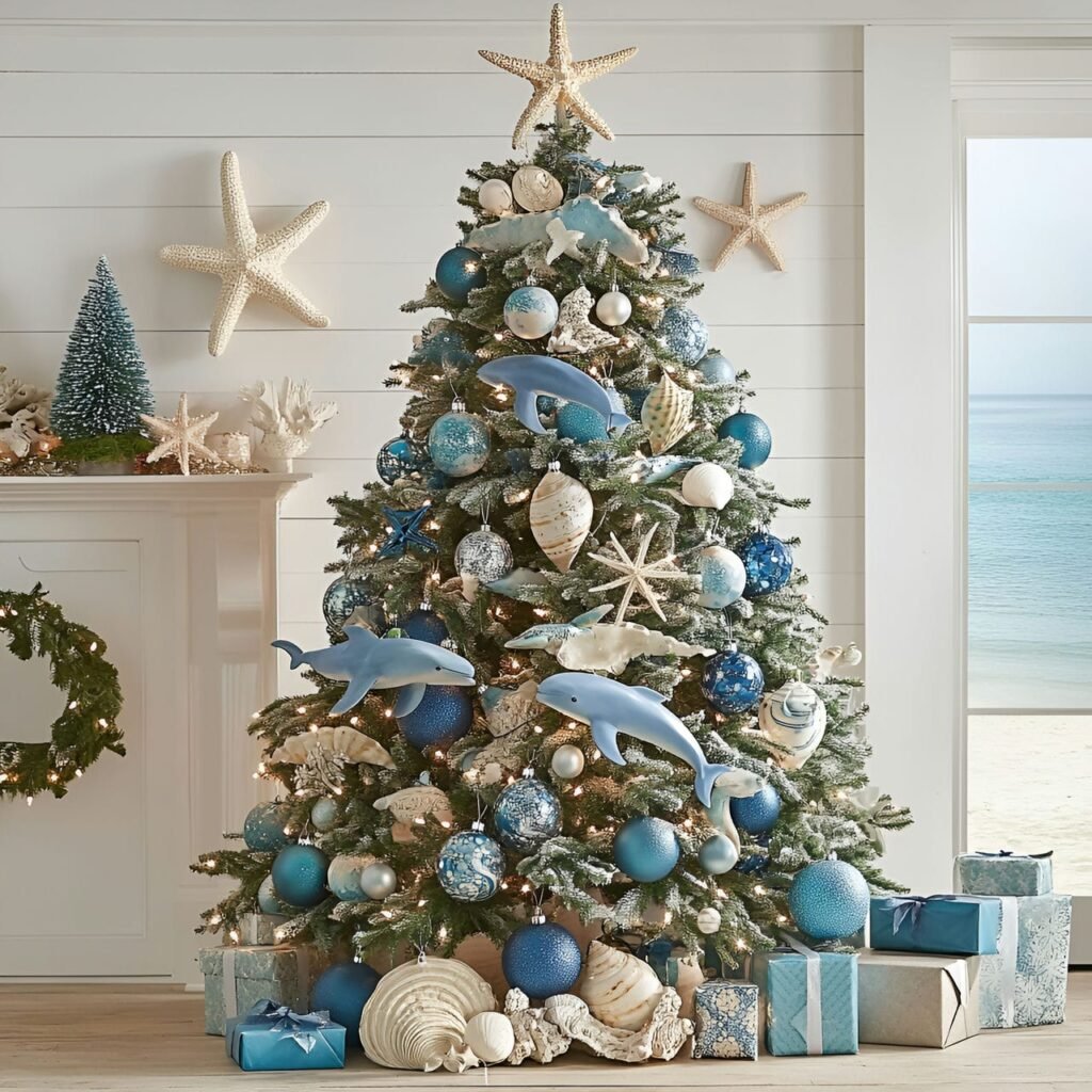 10. Ocean Wildlife Christmas Tree with Starfish and Sea Turtle Décor