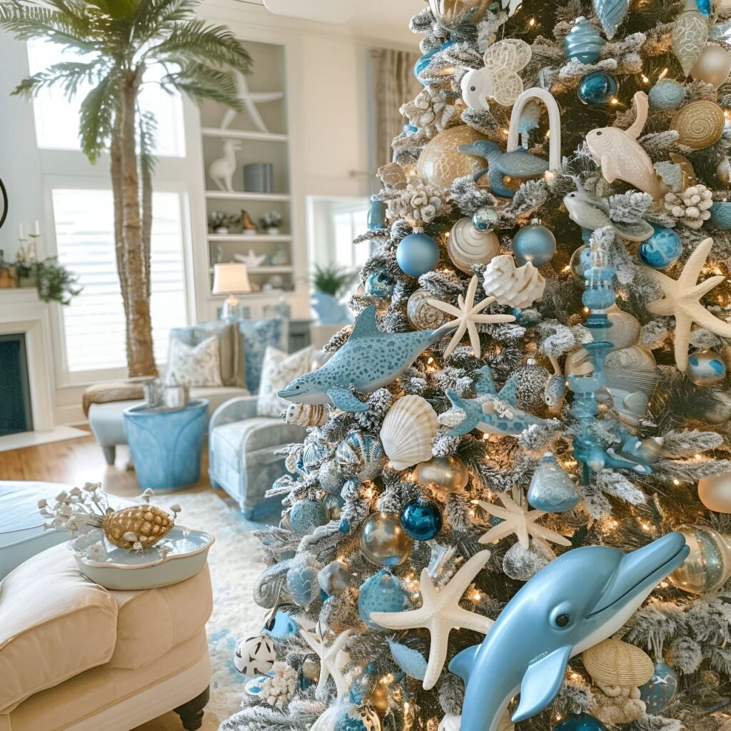 10. Ocean Wildlife Christmas Tree with Starfish and Sea Turtle Décor