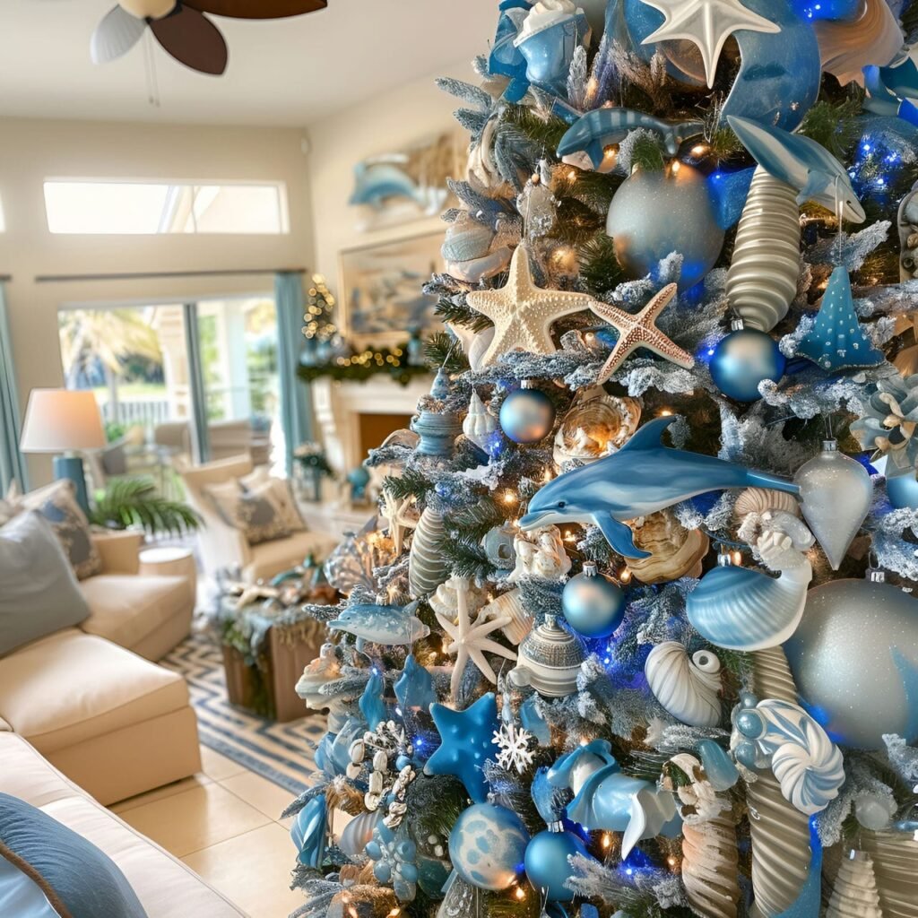 10. Ocean Wildlife Christmas Tree with Starfish and Sea Turtle Décor