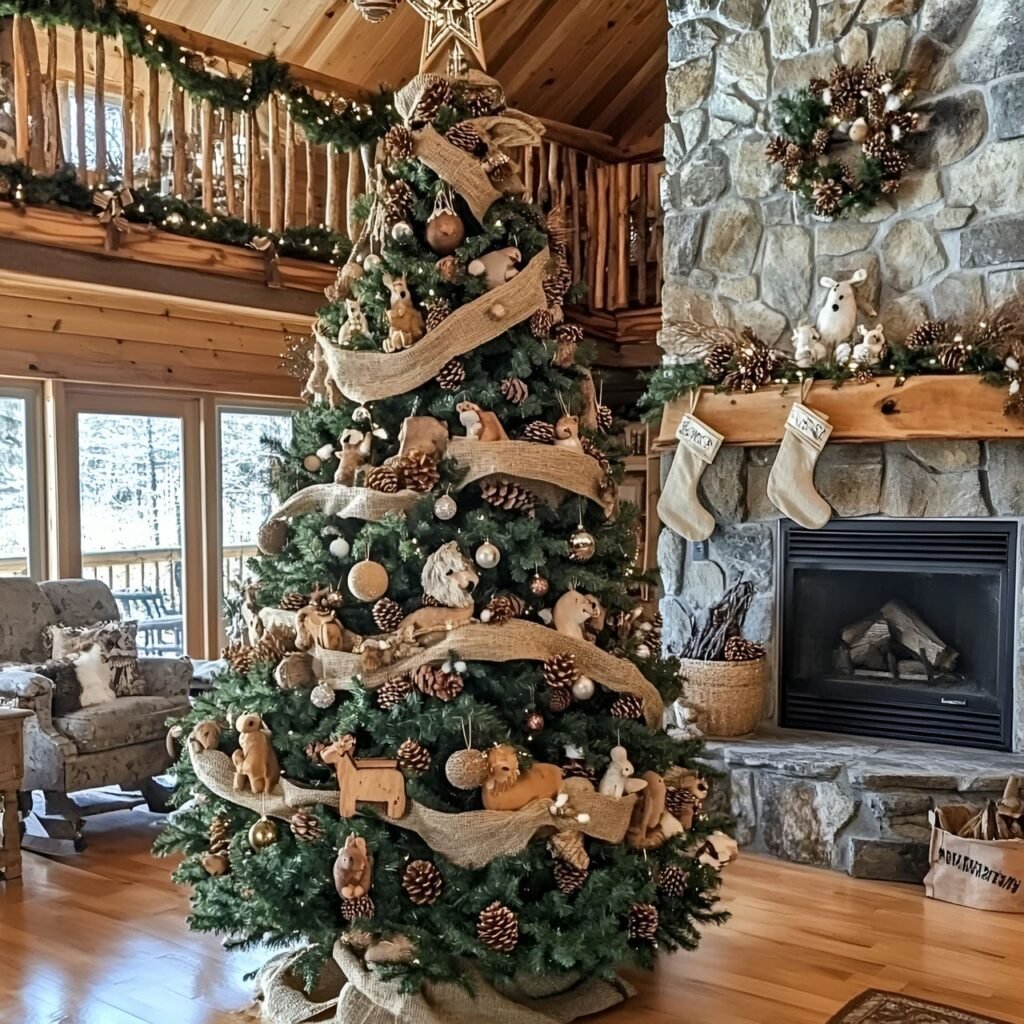 25. Old-Fashioned Woodland Tree with Burlap Bows & Pinecones