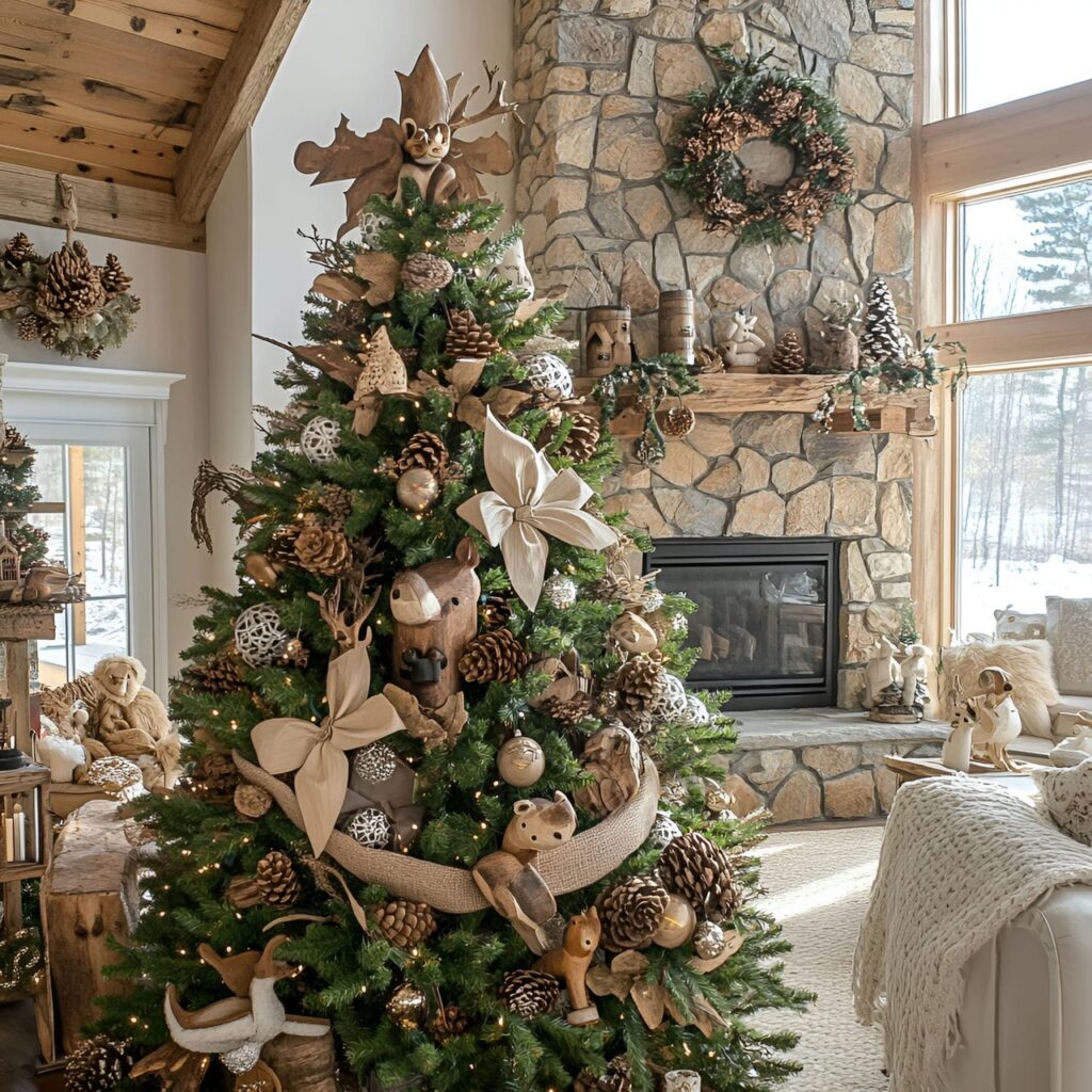 25. Old-Fashioned Woodland Tree with Burlap Bows & Pinecones