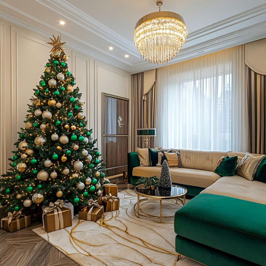 10. Opulent Emerald & Gold Designer Tree with Velvet Ribbons