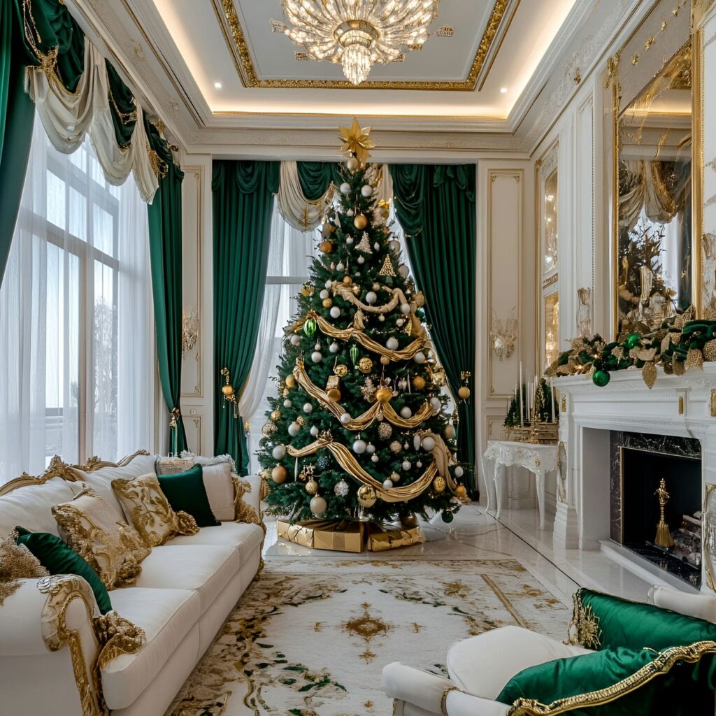 10. Opulent Emerald & Gold Designer Tree with Velvet Ribbons