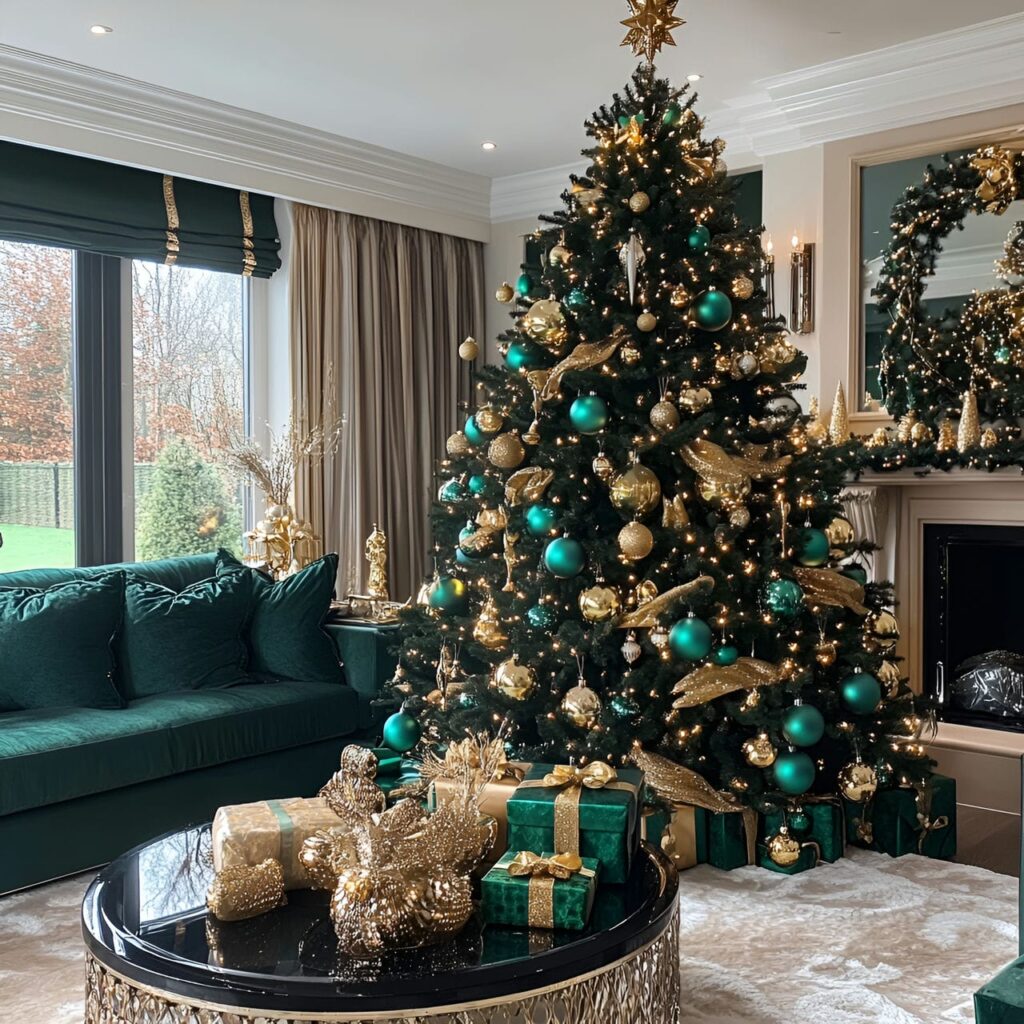 10. Opulent Emerald & Gold Designer Tree with Velvet Ribbons