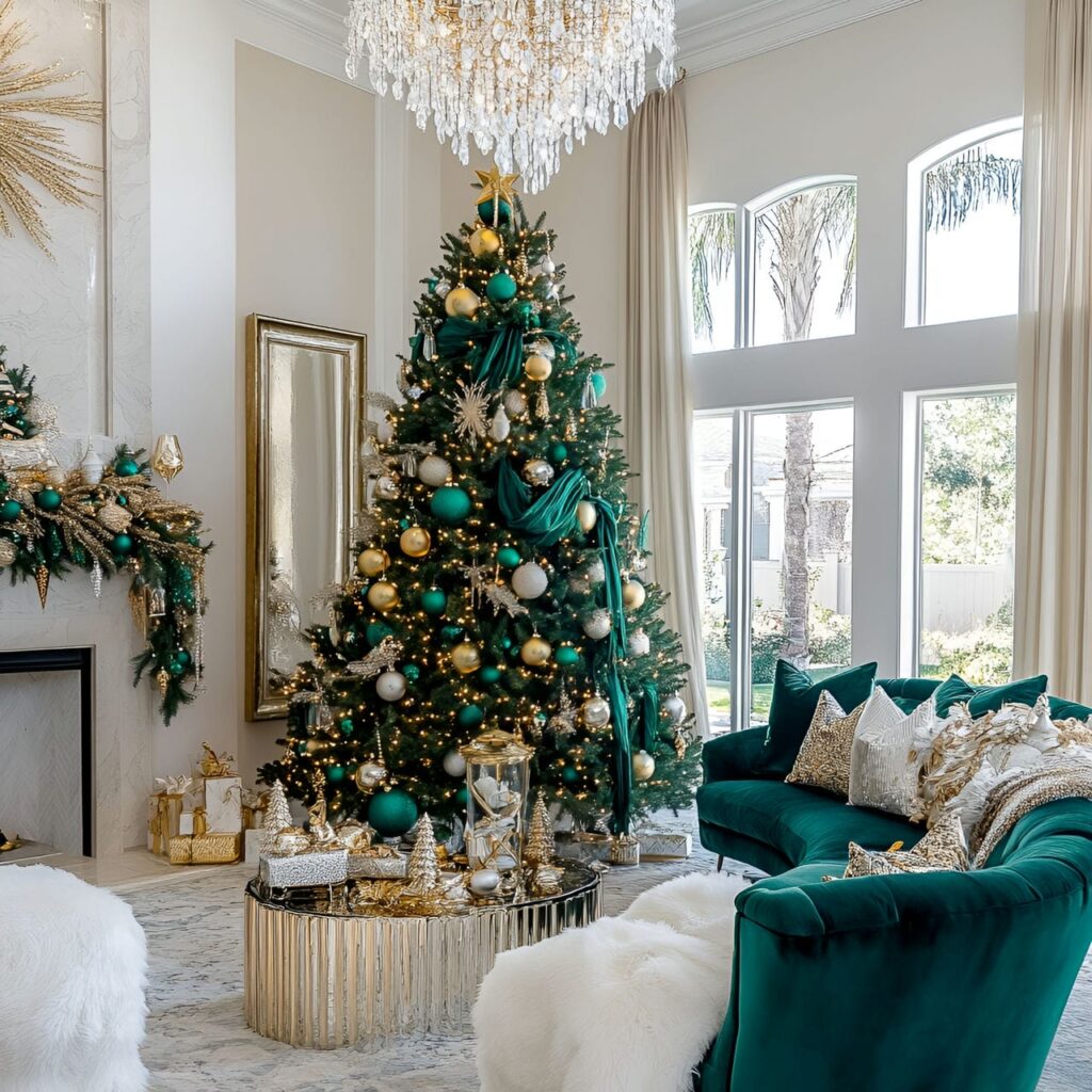 10. Opulent Emerald & Gold Designer Tree with Velvet Ribbons