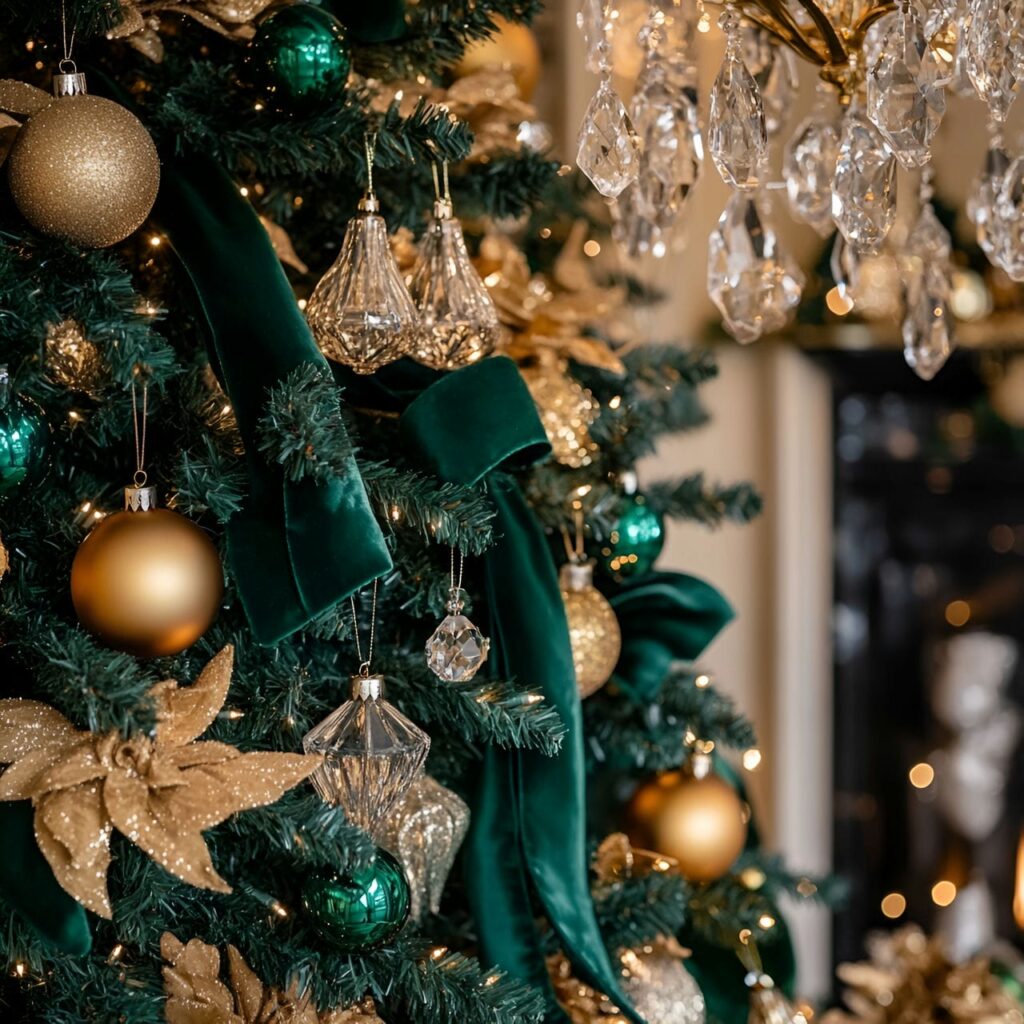 10. Opulent Emerald & Gold Designer Tree with Velvet Ribbons