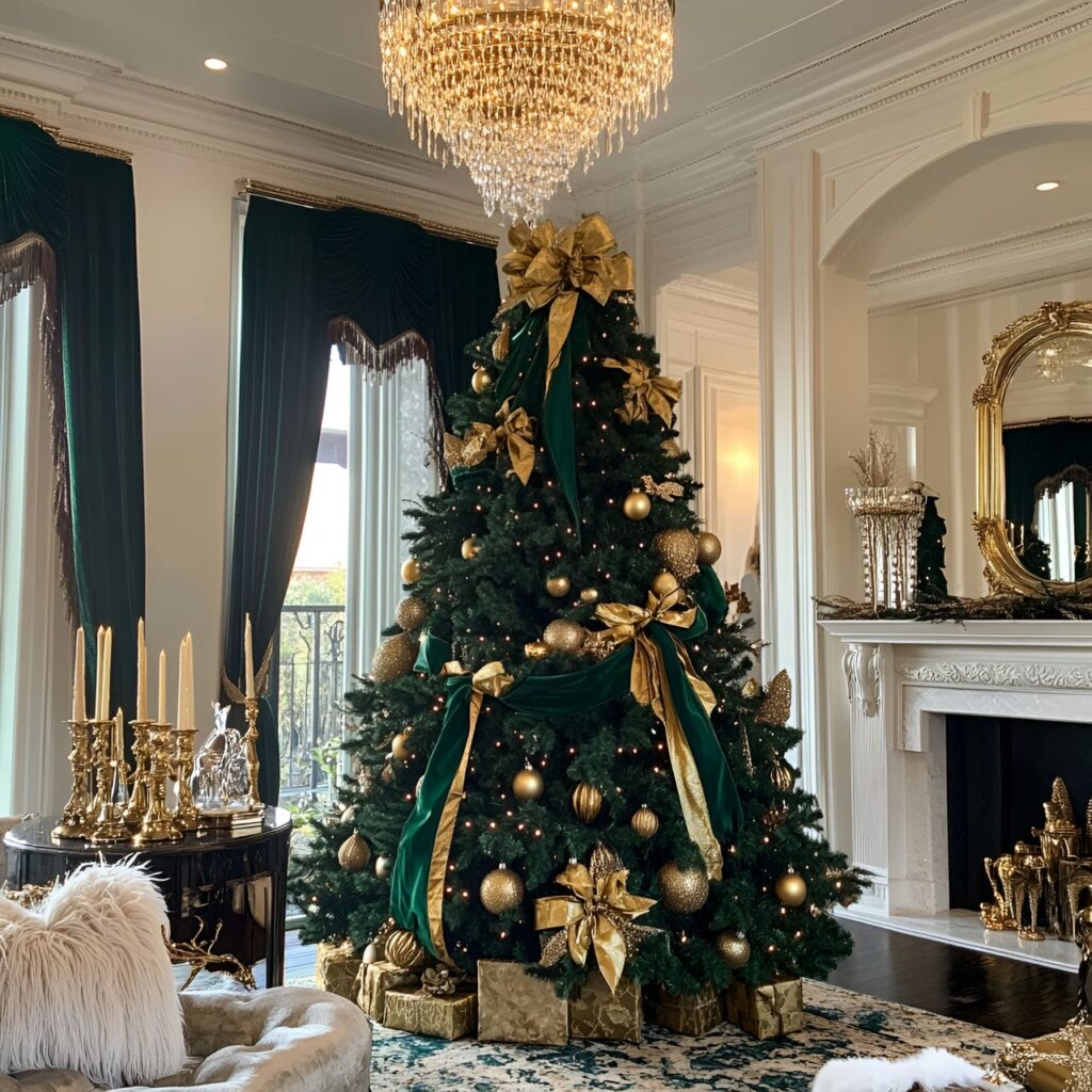 10. Opulent Emerald & Gold Designer Tree with Velvet Ribbons