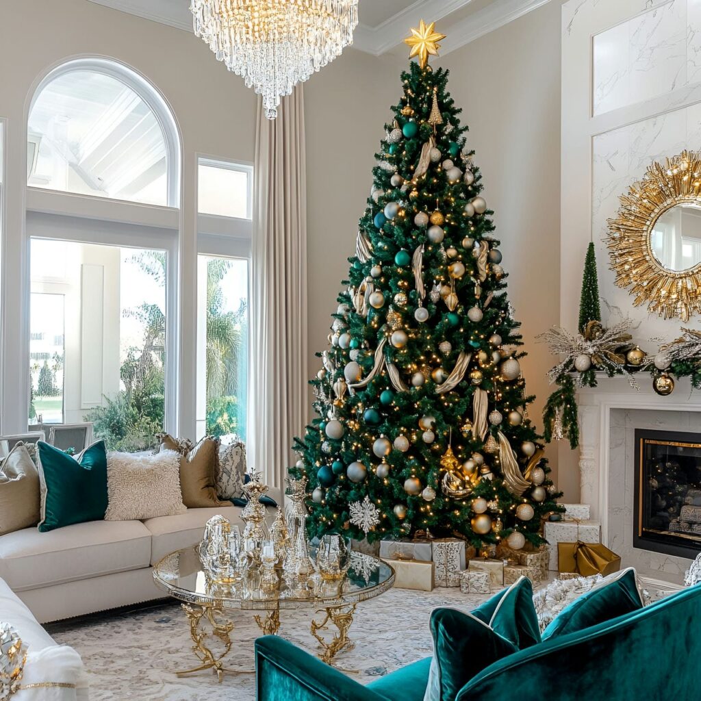 10. Opulent Emerald & Gold Designer Tree with Velvet Ribbons