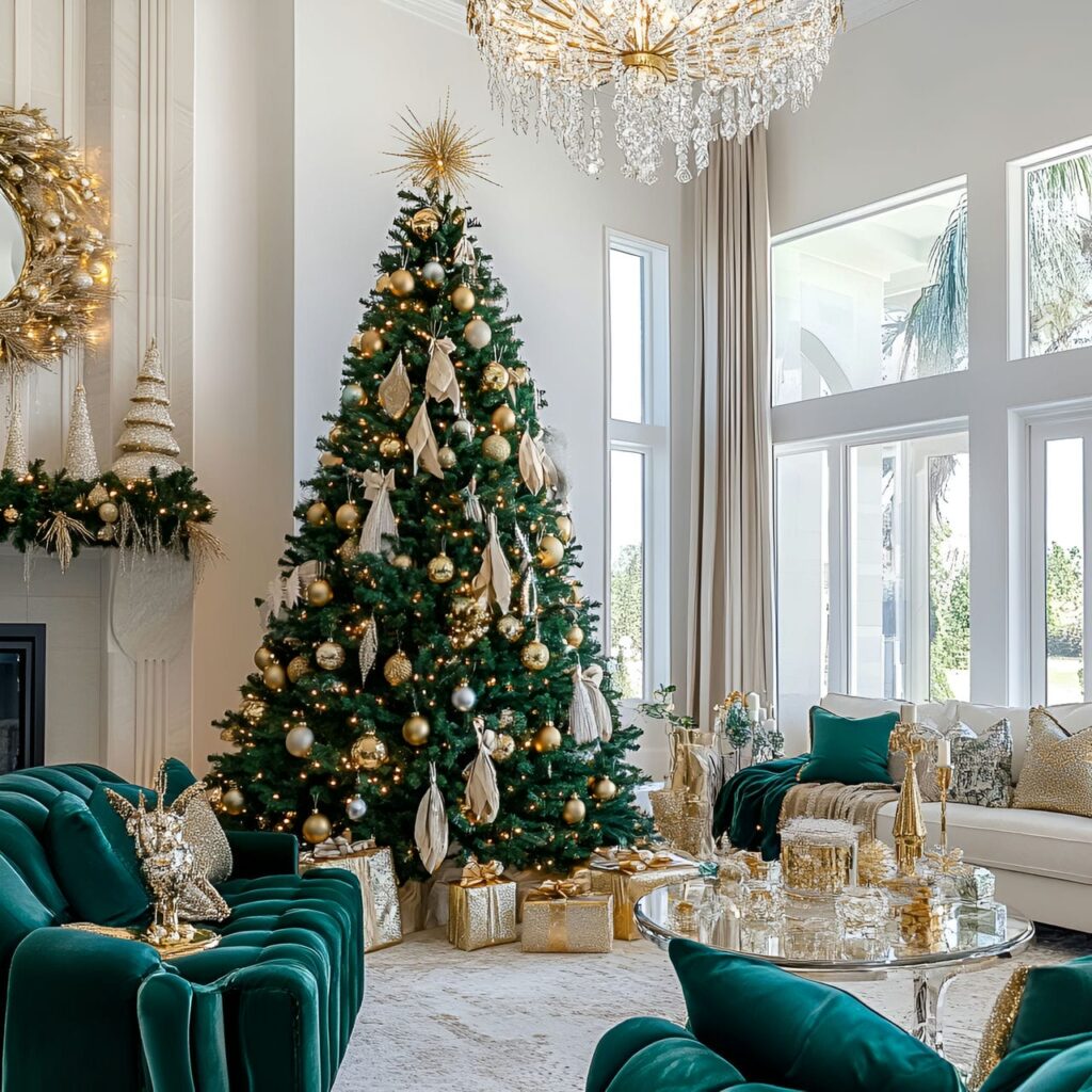 10. Opulent Emerald & Gold Designer Tree with Velvet Ribbons