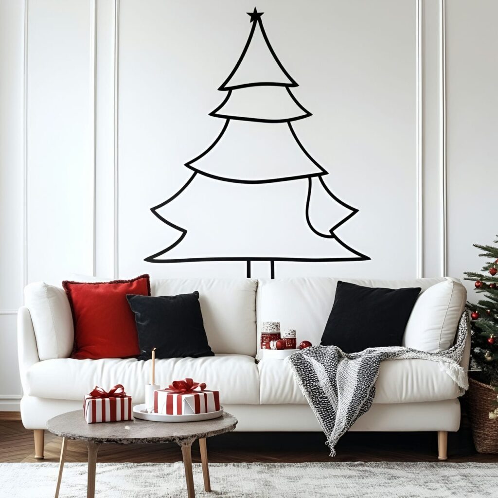 20. Painted Wall Outline Tree with a Simple Holiday Shape