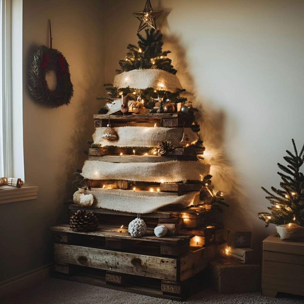 19. Pallet Wood Christmas Tree with Burlap and LED Lights