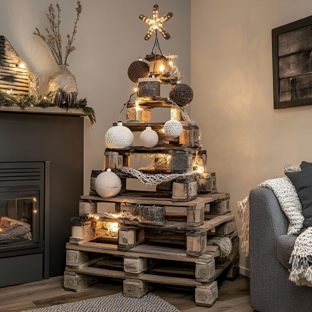 19. Pallet Wood Christmas Tree with Burlap and LED Lights