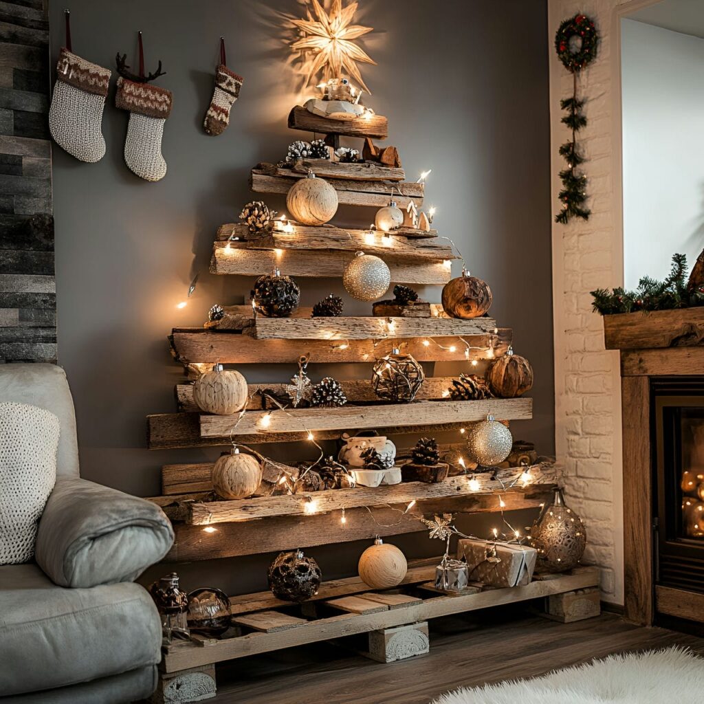 19. Pallet Wood Christmas Tree with Burlap and LED Lights