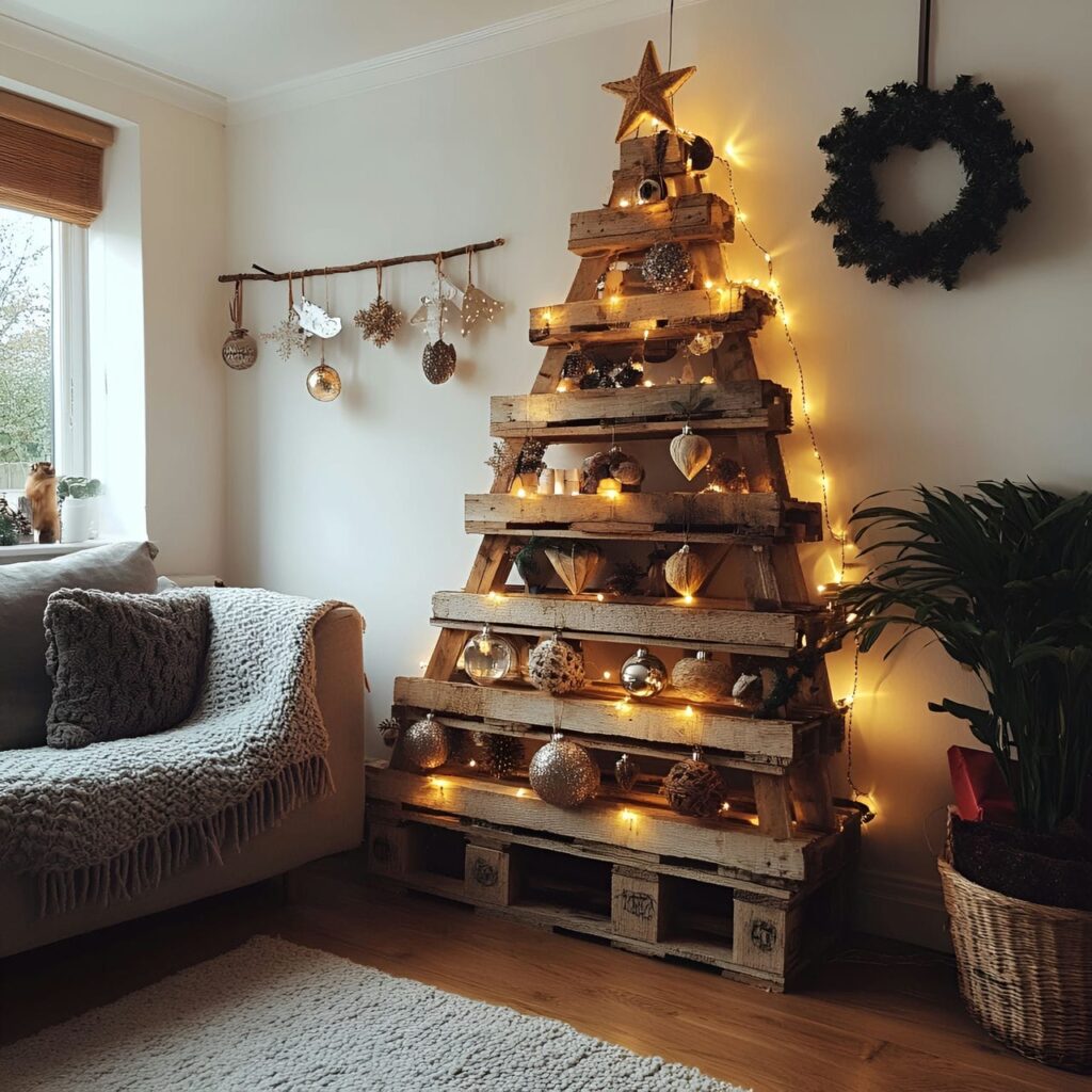 19. Pallet Wood Christmas Tree with Burlap and LED Lights