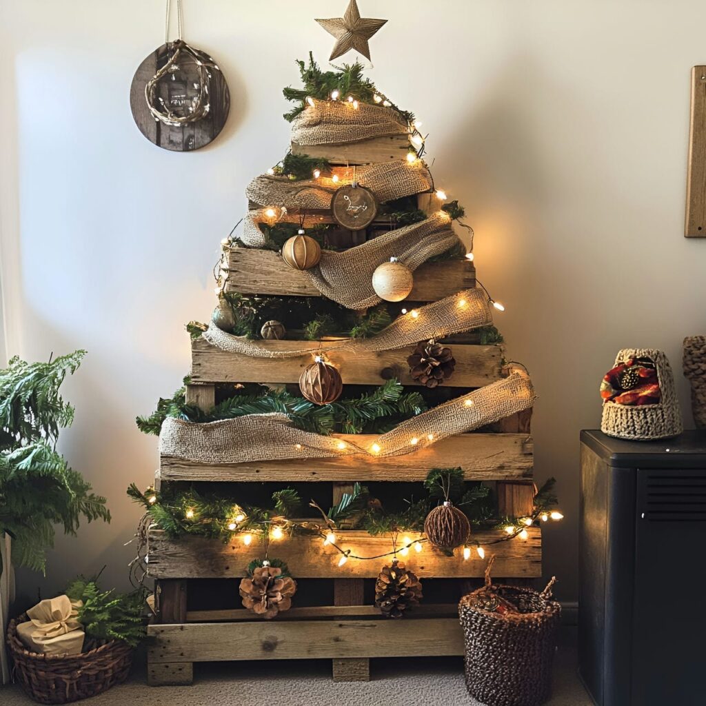 19. Pallet Wood Christmas Tree with Burlap and LED Lights