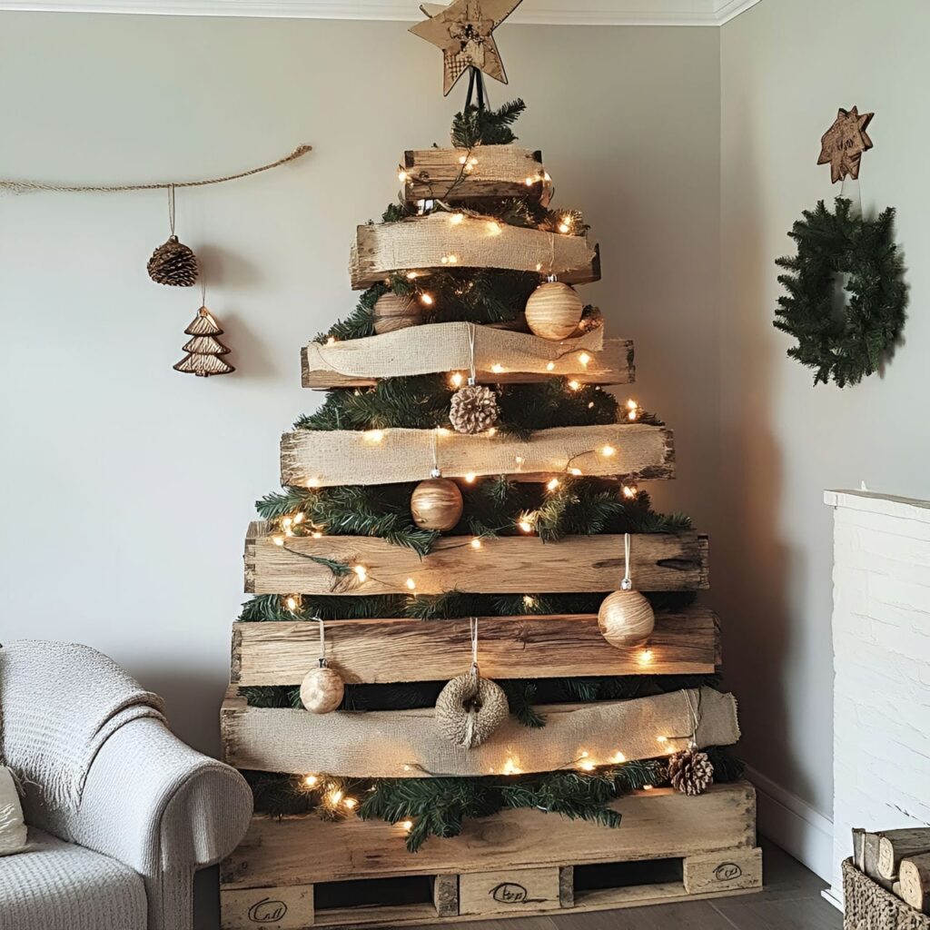 19. Pallet Wood Christmas Tree with Burlap and LED Lights