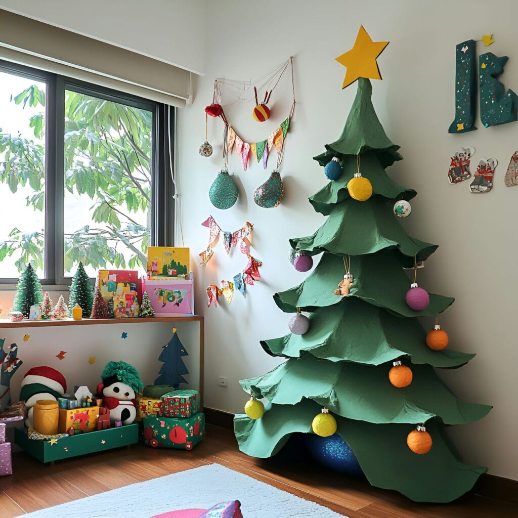 28. Paper Mache Christmas Tree with Recycled Ornaments