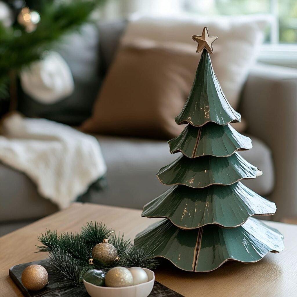 28. Paper Mache Christmas Tree with Recycled Ornaments