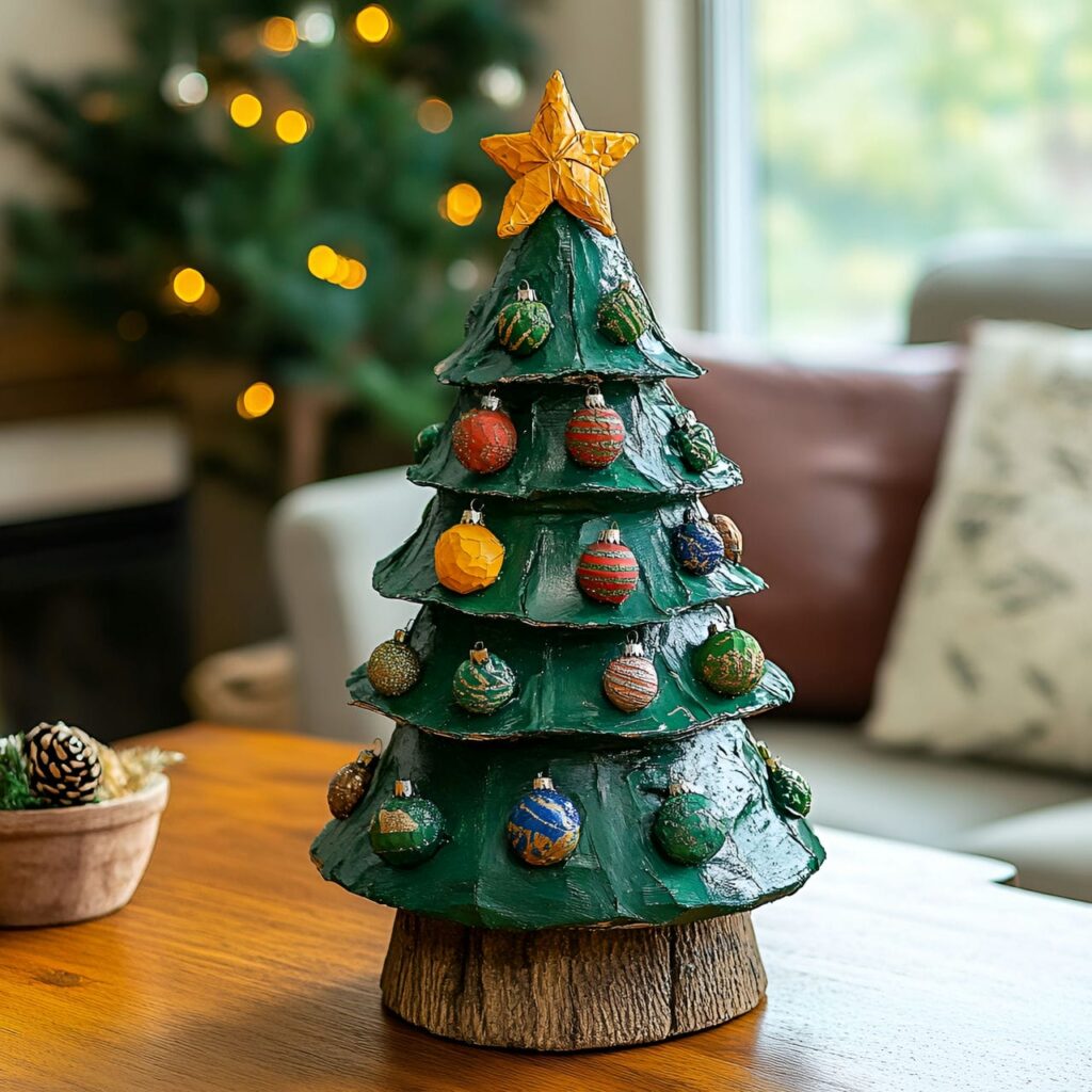 28. Paper Mache Christmas Tree with Recycled Ornaments