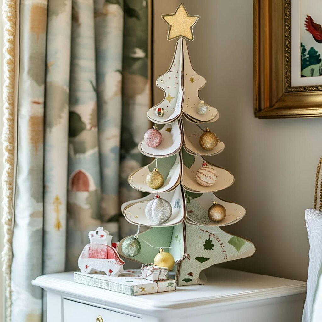 28. Paper Mache Christmas Tree with Recycled Ornaments