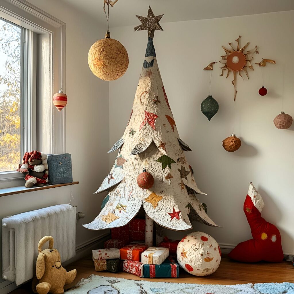 28. Paper Mache Christmas Tree with Recycled Ornaments