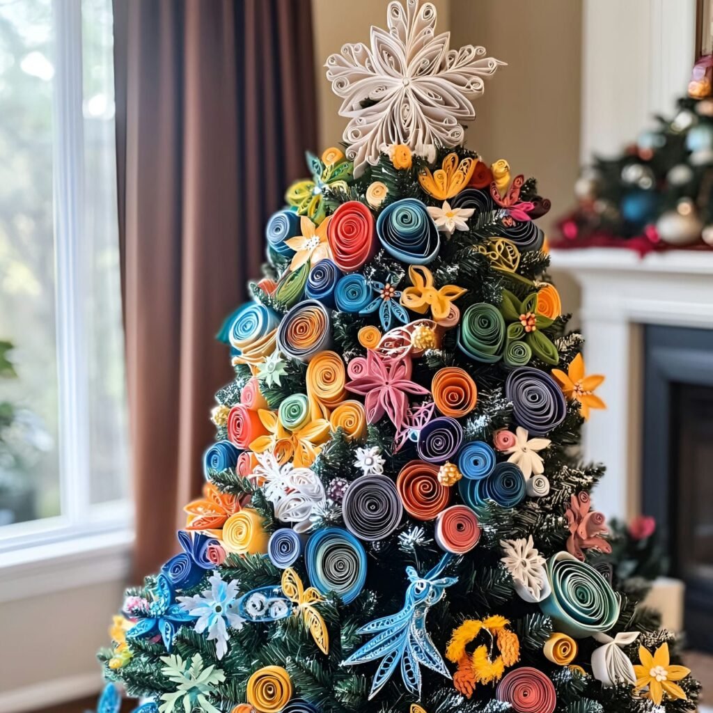 12. Paper Quilling Ornaments Tree with Intricate Snowflakes