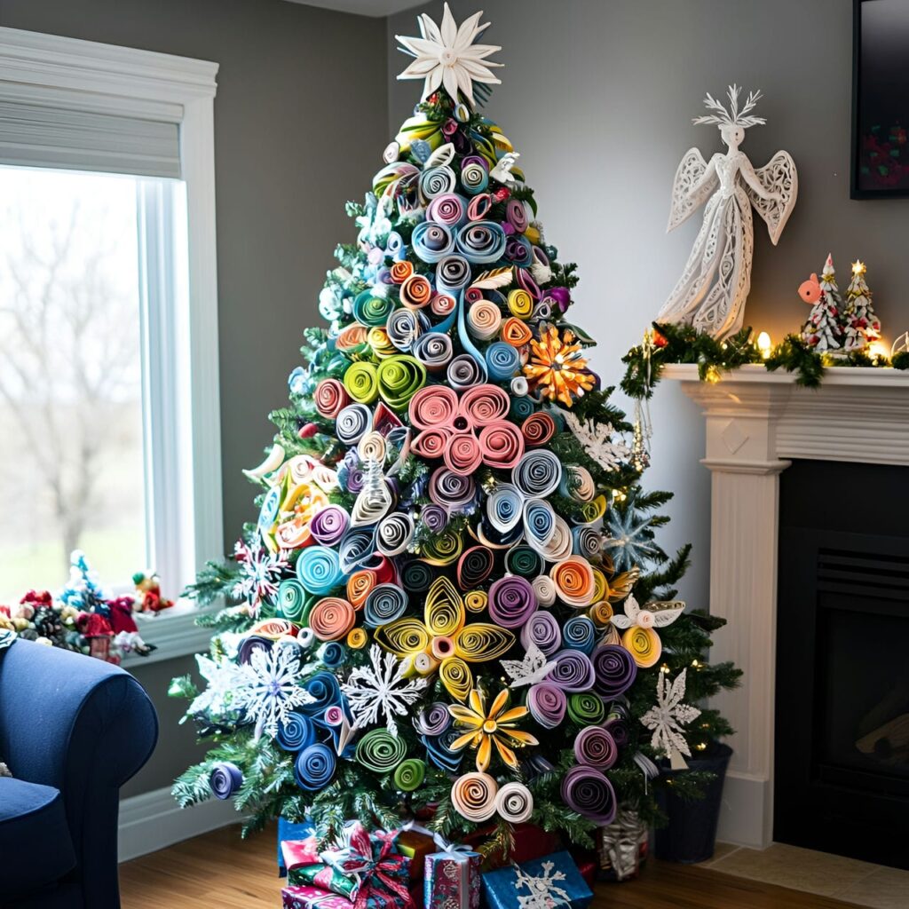 12. Paper Quilling Ornaments Tree with Intricate Snowflakes