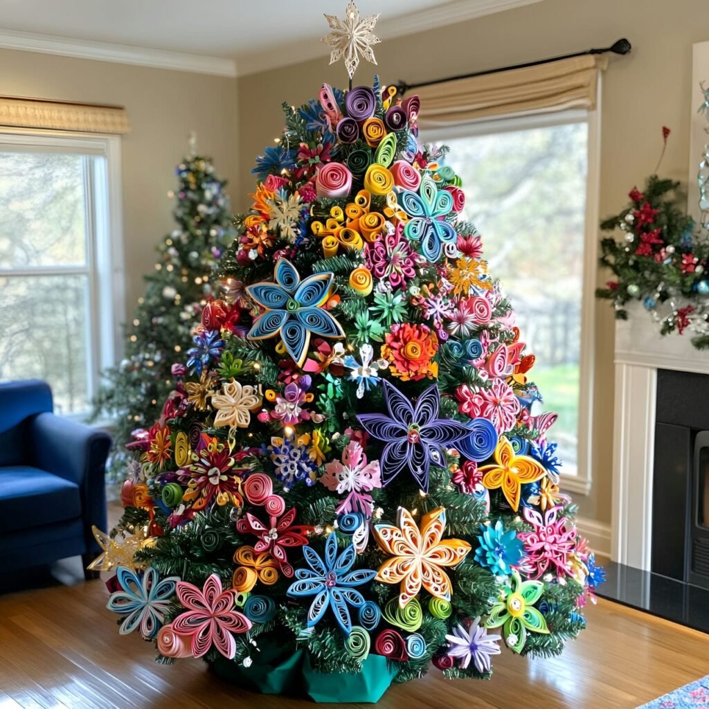 12. Paper Quilling Ornaments Tree with Intricate Snowflakes