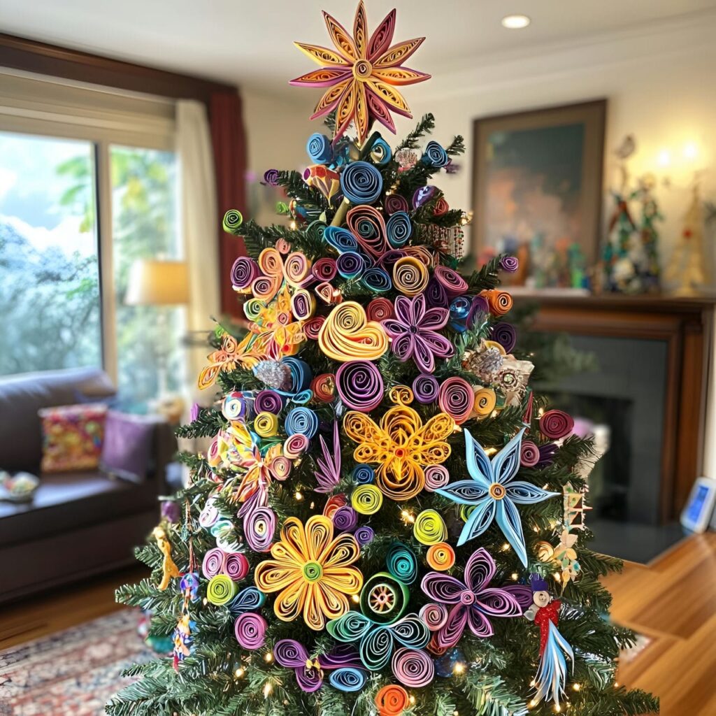 12. Paper Quilling Ornaments Tree with Intricate Snowflakes