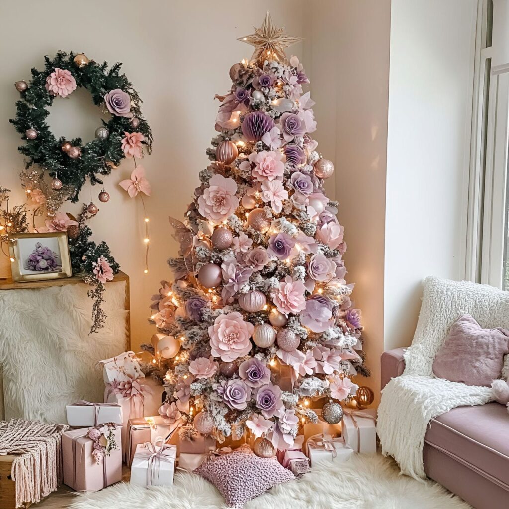 10. Pastel Floral Christmas Tree with Pink and Lavender Blossoms