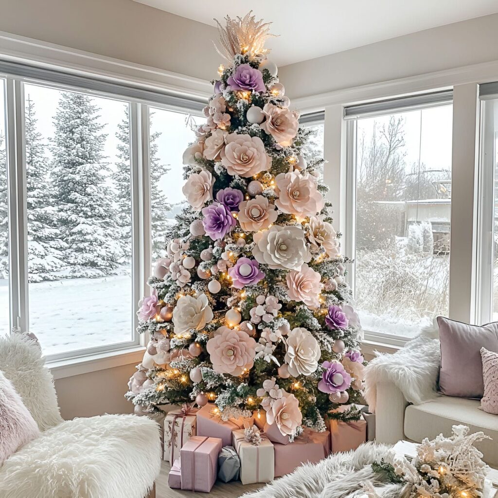 10. Pastel Floral Christmas Tree with Pink and Lavender Blossoms