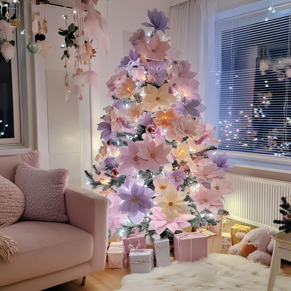 10. Pastel Floral Christmas Tree with Pink and Lavender Blossoms