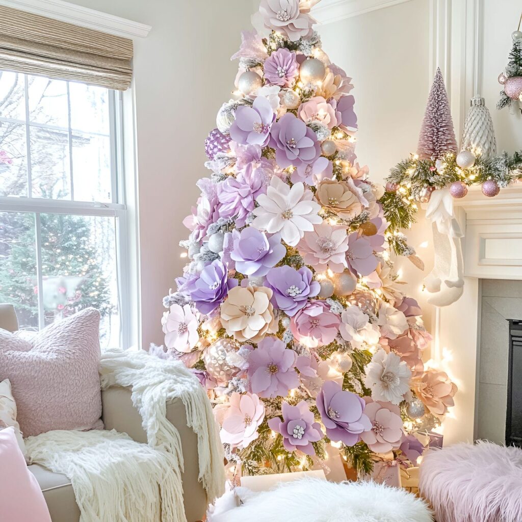 10. Pastel Floral Christmas Tree with Pink and Lavender Blossoms