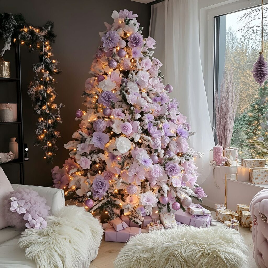 10. Pastel Floral Christmas Tree with Pink and Lavender Blossoms